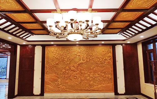 电白中式别墅客厅中式木作横梁吊顶装饰展示